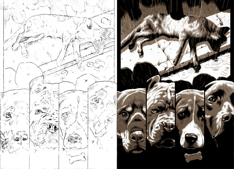 Concept work (L) and final art (R), by Chris Koehler.